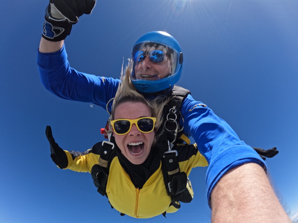 Jo Currie, mortgage advisor from Michael Usher Mortgage Services skydiving