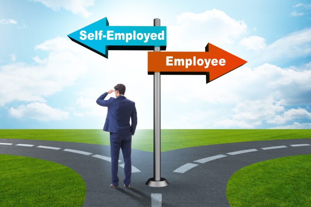 Signpost with a self-employed person looking down the road