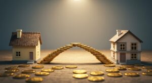 Two houses with a bridge of coins representing a bridging loan to flip houses